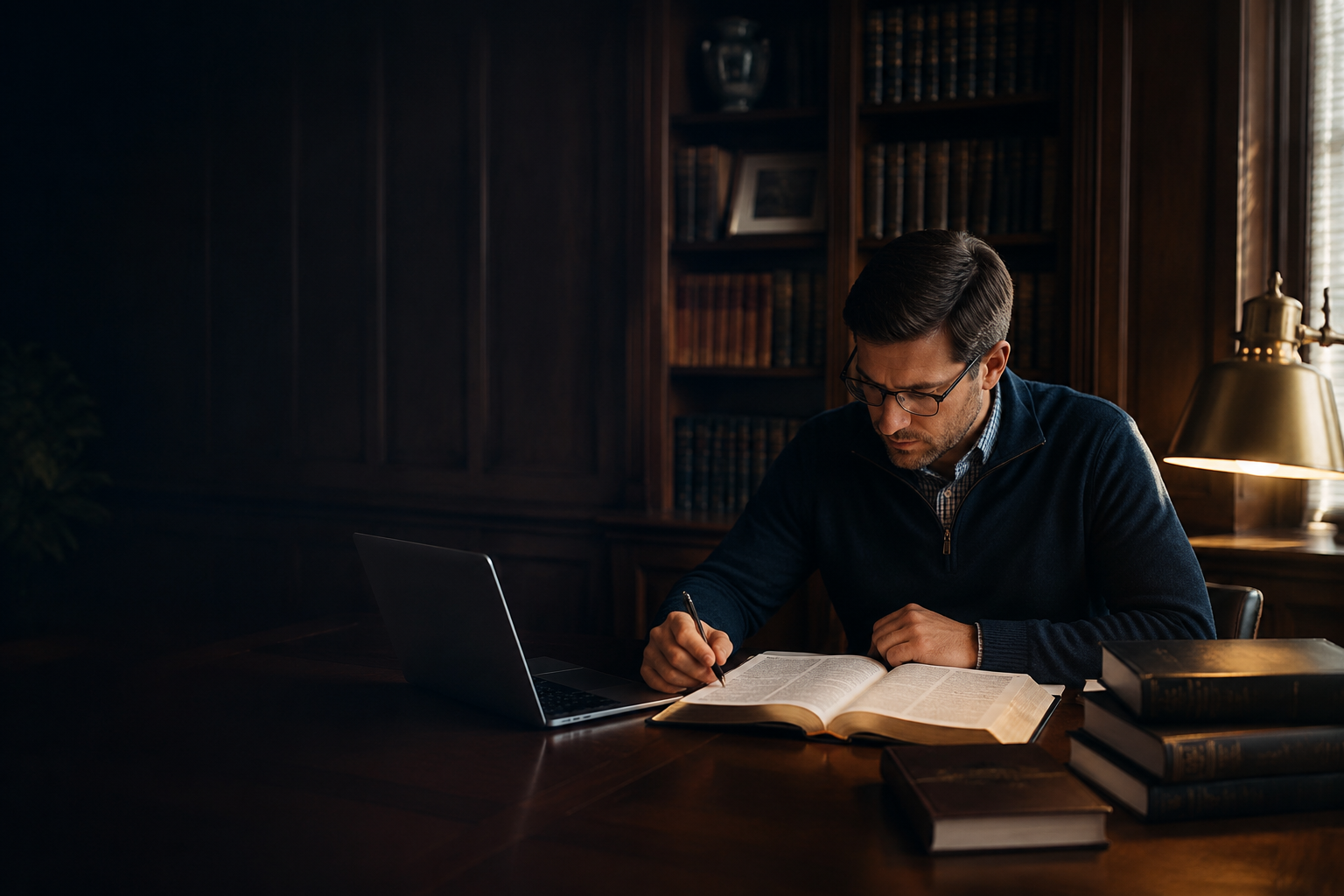 Persona adulta estudiando la Biblia junto a una computadora y libros en una biblioteca
